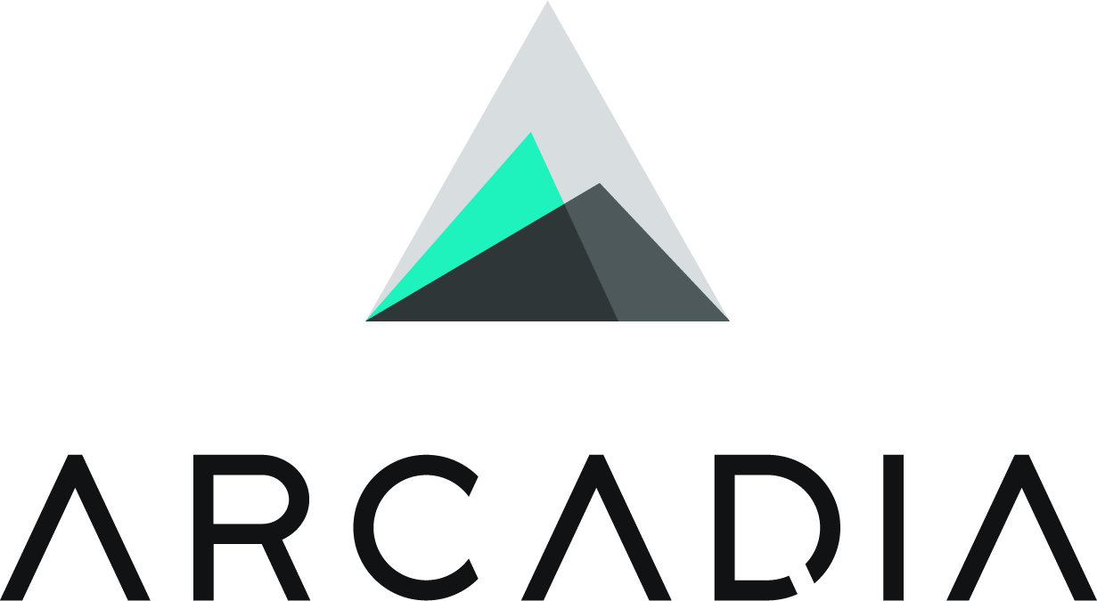Logo for Arcadia Health - three layered triangles in gray, black, and green
